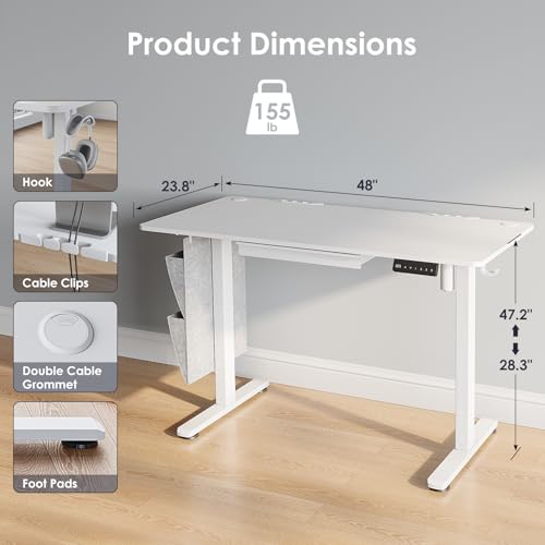 DSNAPE 48" x 24" Electric Standing Desk with Drawers, Height Adjustable Sit Stand Desk with 3 Preset Heights Side Hook Storage Pocket Cable Clips Ergonomic Rising Home Office Computer Table, White