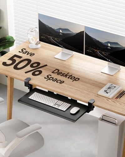 HUANUO Keyboard Tray Under Desk, Keyboard Holder with C-Clamp Hardware, 26.5″ W x 11.8″ D Slide Out Computer Keyboard & Mouse Tray for Home Office, Black, HNKB12B, Large