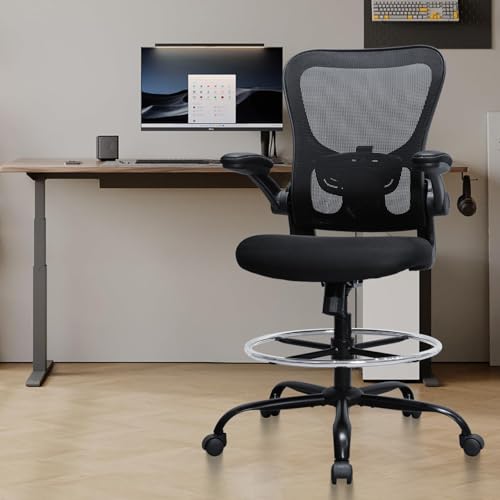Drafting Chair, Ergonomic Tall Office Chair for Standing Desk, Counter Height Desk Chair with Adjustable Padded Armrests and Footrest Ring Standing Desk Chair Adjustable Height with Lumbar Support