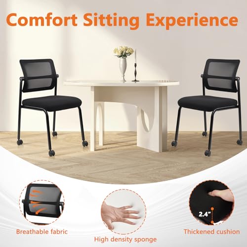 CLATINA Stacking Armless Office Waiting Room Chair with Wheels, Stackable Mesh Guest Reception Desk Chairs with Adjustable Backrest for Conference Lobby Side School, Black, 4 Pack