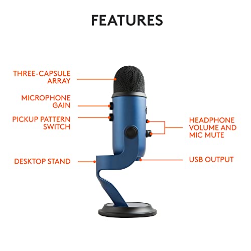 Logitech Creators Blue Yeti USB Microphone for PC, Mac, Gaming, Streaming, Podcasting, Studio and Computer Condenser Mic with Blue VO!CE Effects, 4 Pickup Patterns, Plug and Play - Midnight Blue
