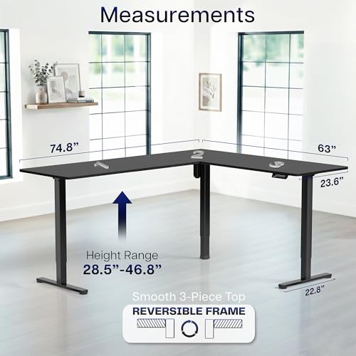 VIVO Corner Standing Desk, 75 x 63 inch Reversible L-Shaped Workstation, Electric Height Adjustment, Home, Office, and Reception Rooms, Black Table Top Black Frame, DESK-E3CTB-75