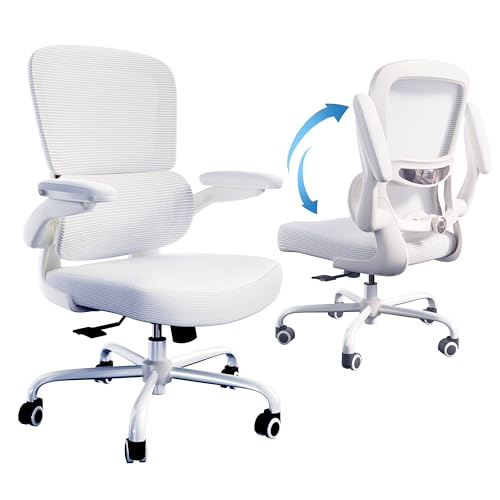 TRALT Ergonomic Office Chair - Desk Chair with Adjustable Lumbar Support Computer Chair - Mesh Comfy Chair with Flip-up Armrests - Gaming Chairs for Adults Home Office (Leather, White)