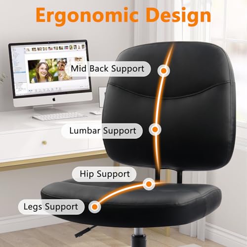 CLATINA Armless Home Office Chair, Small PU Leather Ergonomic Low Back Desk Chair with Lumbar Support and Wheels, Adjustable Height 360° Swivel Rolling Computer Task Chair, Black