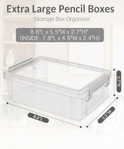Sooez 6 Pack Extra Large Pencil Box, Plastic Pencil Case Crayon Box, Clear Marker Organizer Plastic Containers with Lid, Stackable Storage Boxes for Art Craft,Pen,Back to School Teacher Supplies, Grey