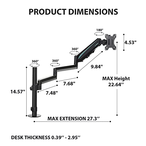 EUREKA ERGONOMIC Single Monitor Desk Mount, Adjustable Gas Spring Monitor Arm for LCD PC Screen 13-32 inch, Max 17.6 LBS, Computer Monitor Stand W C Clamp & Grommet Base, VESA 75x75mm,100x100mm, Black
