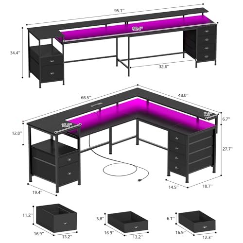 Furologee 66" Reversible L Shaped Gaming Desk with 6 Drawers & Printer Storage Shelves, Corner Computer Desk with Power Outlets & LED Lights, Home Office Table with Monitor Stand, Black