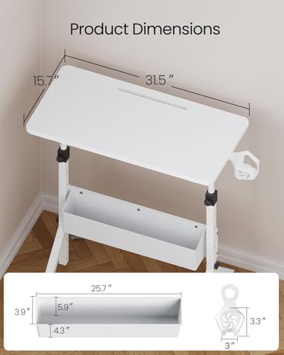 ErGear Mobile Standing Desk with Wheels, Adjustable Height 28.3″ to 46.1″, Rolling Laptop Cart with Cup Holder, Storage Basket, Computer & Pen Slot, Home Office Stand Up Desk, White (31.5″ x 15.75″)