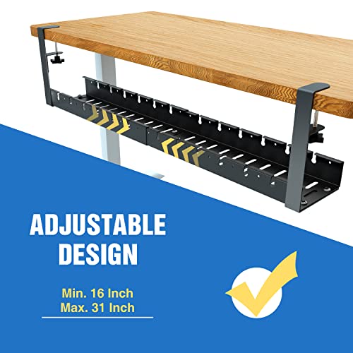 No Drilling Extendable Under Desk Cable Management, Metal Cable Management Tray Under Desk with Clamp, Retractable Power Strip Cord Holder for Wire Management 31Inch(1 Pack Black Extendable 31')