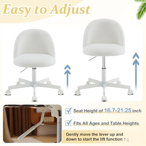 VINGLI Modern Vanity Chair with Back, Velvet Desk Chair for Girls, Small Office Chair with Silent Wheels， Stylish and Comfortable, White