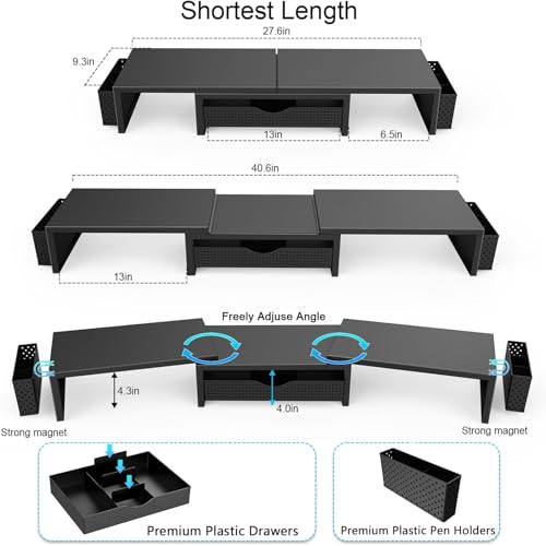 gianotter Dual Monitor Stand Riser, Desk Organizer With Drawer and 2 Pen Holders, Computer Monitor Stand, Desk Shelf for Top of Desk (Black)