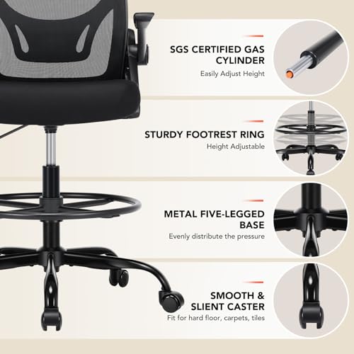 shipborne Drafting Chair, Tall Office Chair with Adjustable Footrest Ring, Standing Desk Chair with Flip-Up Armrests, Breathable Mesh High Desk Chair for Counter Height Desk, Black
