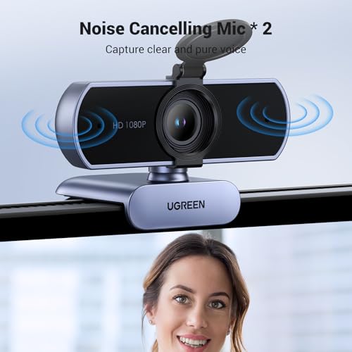 UGREEN Full HD 1080P Webcam with Microphone, 2 Noise-Canceling Mics, 85° Fov & Fixed Focus, Plug and Play, Auto Light Correction, Privacy Cover PC Camera for Zoom/Skype/Teams, Switch 2, Grey