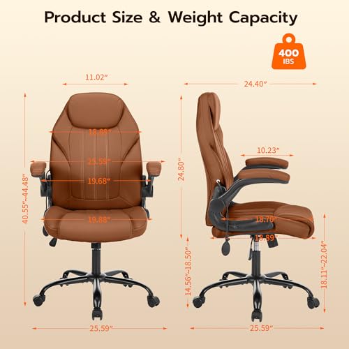 Ylzyxal Office Desk Chair, Ergonomic Computer Chair with Padded Flip-Up Arms and Adjustable Lumbar Support, PU Leather Executive Chair with Tilt Lock and 360° Swivel Rolling Wheels for Work, Study