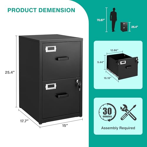 SISESOL 2 Drawer File Cabinet with Lock,Narrow Vertical Filing Cabinet,Under Desk File Cabinets,Black Metal File Cabinets for Home Office,Fit Letter/A4/Legal Size File, Easy Assembly