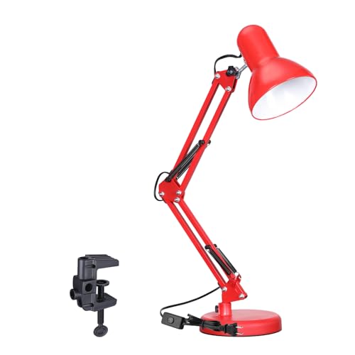 TORCHSTAR Metal Desk Lamp with Clamp, Swing Arm, Architect Adjustable Gooseneck Table Lamp, Clip Desk Lights for Home Office, Work, Study, Reading, E26 Base, Multi-Joint, Red