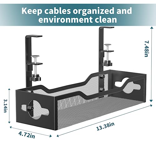 Under Desk Cable Management Tray No Drill, Metal Mesh Cable Management Under Desk with Clamp Mount, 2 Hole Cable Tray with Wire Management and Cord Organizer for Home Office Standing Desk