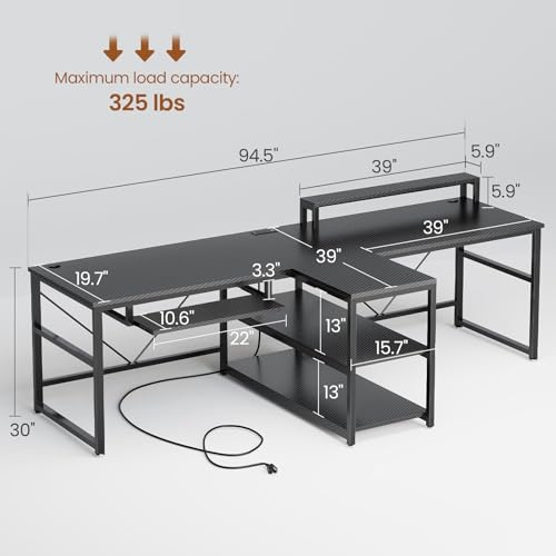 SEDETA 94.5" Gaming Computer Desk, 2 Person Office Desk with Storage, LED Lights, Power Strip, Long Desks with Keyboard Tray & Monitor Stand for Home Office, Carbon Fiber Black
