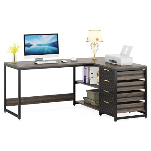 Tribesigns L Shaped Computer Desk with Storage Drawers, 59 inch Corner Desk with Shelves, Reversible L-Shaped Office Desk Writing Table Workstation for Home Office, Grey
