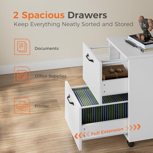 Sweetcrispy 2 Drawer Filing Cabinet White, Rolling Wood File Cabinets, Home Office Organizer, Under Desk Storage Lockable Wheels, Printer Stand, Storage Cabinet, White