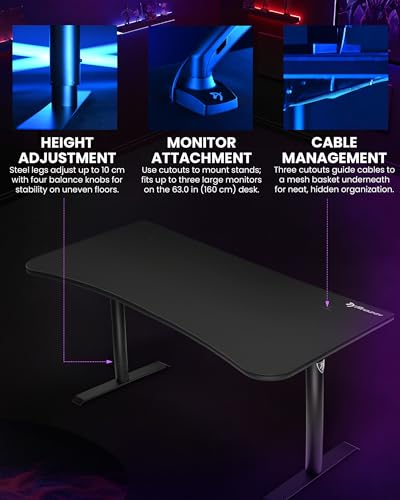 Arozzi Arena Large Gamer Desk - 63x32” Adjustable Height PC Gaming Desk With Storage For Cables & Triple-Monitor Support - Full-Surface Washable Mousepad - Pure Black