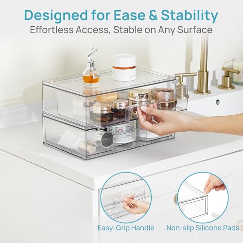 Vtopmart 12.1''W Clear Stackable Storage Drawers,2 Pack Acrylic Plastic Organizers Bins for Makeup Palettes, Cosmetics, and Beauty Supplies,Ideal for Vanity, Bathroom,Cabinet,Desk Organization