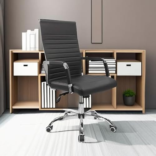 Furmax Ergonomic Office Desk Chair, Executive Ribbed Mid-Back PU Leather Conference Room Chair Adjustable Swivel Chair with Arms (1, Black)