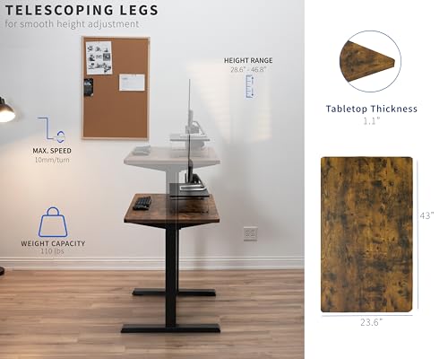 VIVO Manual Height Adjustable 43 x 24 inch Stand Up Desk, Rustic Vintage Brown Solid One-Piece Table Top, Black Frame, Standing Workstation with Foldable Handle, DESK-KIT-MB4N