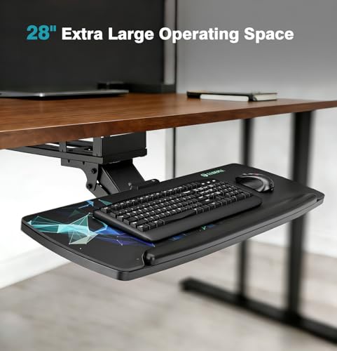 LLDEPLL Keyboard Tray Under Desk with Storage Drawer, Height Adjustable Keyboard Tray Slide Out 360° Swivel Tilt, Ergonomic Under Desk Mount Keyboard & Mouse Pad Lighting for Gaming Home Office