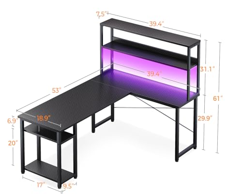 ODK 53" L Shaped Gaming Desk with Hutch & Headphone Hook, Corner Computer Table with Storage Shelves for Home Office, Black