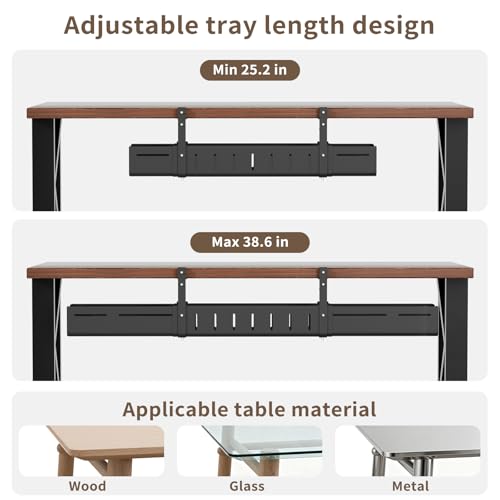 SUREUP9 Under Desk Cable Management Tray, Expandable 25.2"–38.6" Heavy Duty Carbon Steel with Clamp, Hidden Cord Organizer for Desk, Home Office & Standing Desk, No Drill Installation, Black