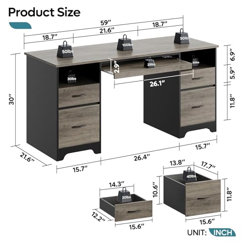 Bestier 59 Inch Office Desk with 4 Drawers, Computer Desk with Storage, Executive Desk with File Drawer, Keyboard Tray & 2 Pedestals on Both Sides for Home Office, Studio, Grey&Black