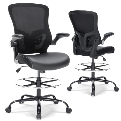 Drafting Chair, Tall Office Chair with PU Leather Seat, Ergonomic Standing Desk Chair with Lumbar Support Counter Height Office Chair with Adjustable Footrest Ring Flip-up Armrests
