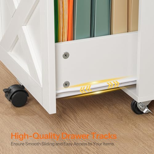 HOOBRO 2 Drawer File Cabinet with Lock, Under Desk Mobile Filing Cabinet for Home Office, Wooden Farmhouse Office Storage Cabinet, Printer Stand Fits Letter and A4 Size, Walnut and White WH66WJ01