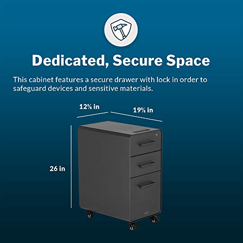 Vari Slim File Cabinet - Three Drawer Office Filing Cabinet, Modern Mobile Pedestal with Heavy-Duty Steel - Lockable Storage with Roll-and-Lock Caster Wheels - Home or Office - Charcoal Grey