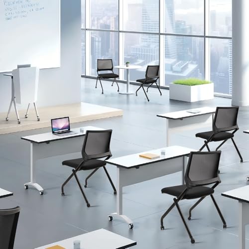 CLATINA Stackable & Foldable Chairs with Wheels, Reception Guest Chairs with Lumbar Support, Ergonomic Mesh Back Folding Chair for Office Schools Training Conference Waiting Room, Black, 8PACK