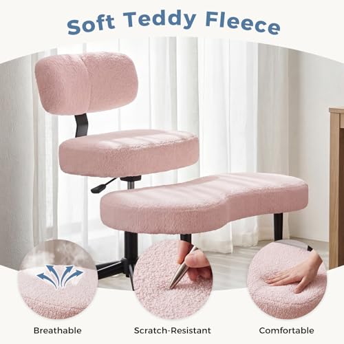 DUMOS Ergonomic ADHD Cross Legged Office Desk Chair with Adjustable Backrest, Height Adjustable Meditation Chair with 360° Swivel Footstool, Teddy Fabric Yoga Stool for Home Office, Pink