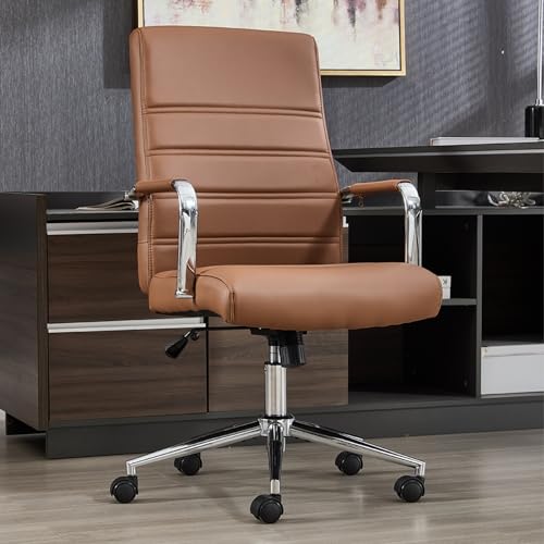 Office Desk Chair Leather, Conference Room Chairs with Wheels, Modern Executive Office Chairs Adjustable Height, Ergonomic Swivel Rolling Ribbed Computer Chair(Brown)