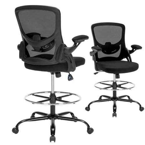 Drafting Chair, Tall Office Chair for Standing Desk, Ergonomic Standing Desk Chair with Flip-up Armrests, Counter Height Office Chair with Footrest and Adjustable Lumbar Support