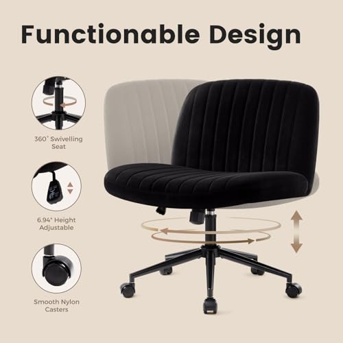IWMH Criss Cross Chair Cross Legged Office Chair with Wheels Armless Wide Seat Desk Chairs Height Adjustable Computer Task Chairs Swivel Vanity Chair for Home Office Bedroom Make Up Small Space Black