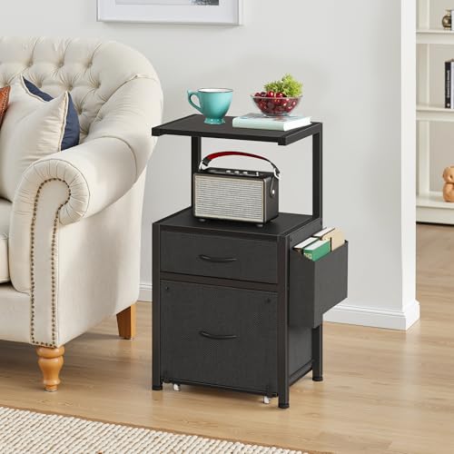 HIGDBFE File Cabinet with 2-Tier Shelf, Letter Size Drawer Filing Cabinet with Reversible Side Bag, Vertical Office Cabinet Printer Stand with Storage for Home Office, Black, 16.5" W