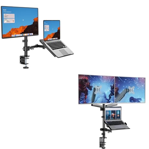 WALI Monitor and Laptop Mount, Dual Monitor Stand with Laptop Tray Fit Computer Screens up to 32”, Laptop Desk Mount with Notebook up to 17”
