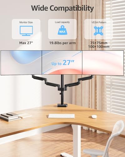 MOUNTUP Triple Monitor Stand Mount - 3 Monitors Desk Mount for Computer Screens Up to 27 inch, Triple Monitor Arm, Heavy Duty Monitors Stand, Each Arm Holds 4.4-19.8 lbs, Black
