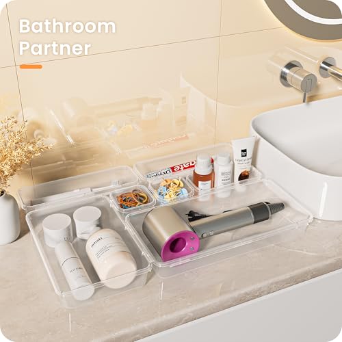 A-LuGei 【Military Grade】 Drawer Organizer, 【𝟱𝗦𝗶𝘇𝗲】 Makeup organizer, 【Holds 177 Items】 Bathroom Organizers and Storage, Organization and Storage, Desk Drawer Organizer for Vanity (Clear)