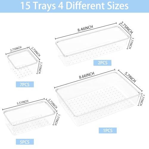 Manalete Drawer Organizers Set of 15, 4 Sizes Clear Plastic Drawer Organizers and Storage Bins for Kitchen, Bathroom, Office, Dresser Desk Drawer Organizer Tray for Jewelry, Makeup, Junk, Gadgets