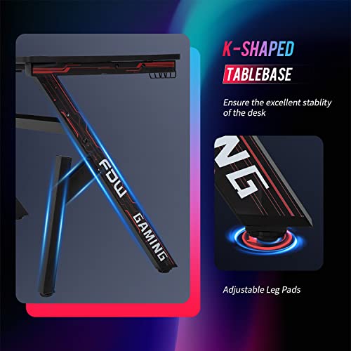 BestOffice | 47" Gaming Desk | Red | Carbon Fiber Textured Computer Desk | Sturdy Steel Frame, Cup Holder, Headphone Hook, Cable Management Holes, Adjustable Leg Pads | for Gamers, Home, Office