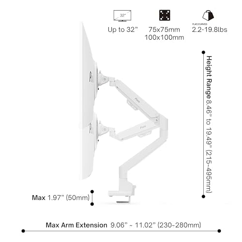 Pixio PS1S Wave White Single Monitor Arm Stand Desk Mount - Fits up to 32 inches Monitors and up to 19.8lbs. VESA Compatibility and Integrated Cable Management
