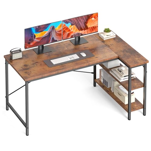 DUMOS L Shaped Desk 55 Inch Computer Desk Gaming Furniture Corner Desks Home Office PC Table with Reversible Storage Shelves for Writing Working Study Bedroom Dorm, Rustic Brown