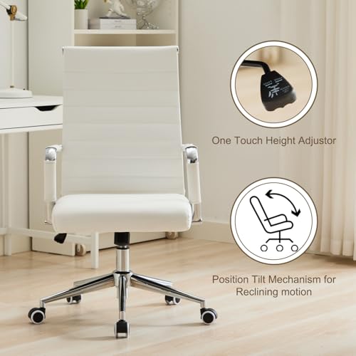 Office Desk Chair Leather, Conference Room Chairs with Wheels, Executive Modern High Back Ergonomic Swivel Rolling Ribbed Computer Chair（White）