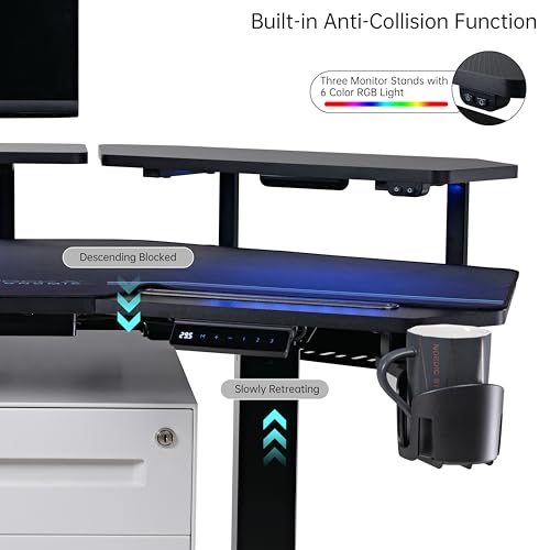 EUREKA ERGONOMIC Gaming Desk Adjustable Height Standing Desk 63" Wing Shaped Music Studio Table Workstation w Full Coverage Mousepad, 3 Stands, Dual Headphone/Cup Holder, Ipad-Slot